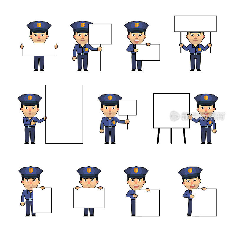 Set of policeman characters posing with various blank banners. Funny police officer holding paper, poster, placard, pointing to whiteboard. Teach, advertise